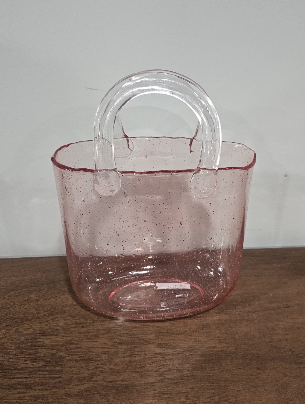 Hand Blown Art  Pink Clear Decorative Glass handbag vase with Handles